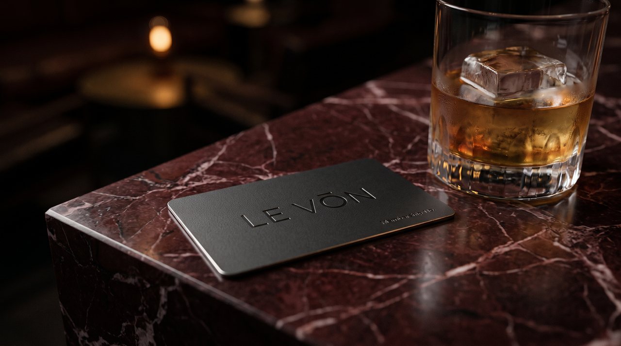 The LE VŌN membership card on oxblood marble in the Lounge